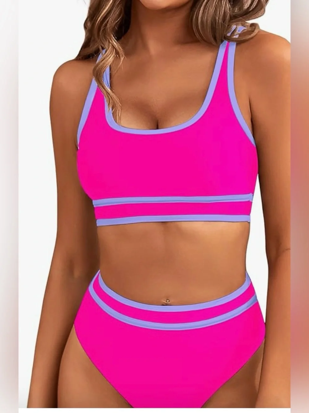 NWT- Med-Large High Waisted Bikini Sporty Color Block Slimming Cheeky High Cut